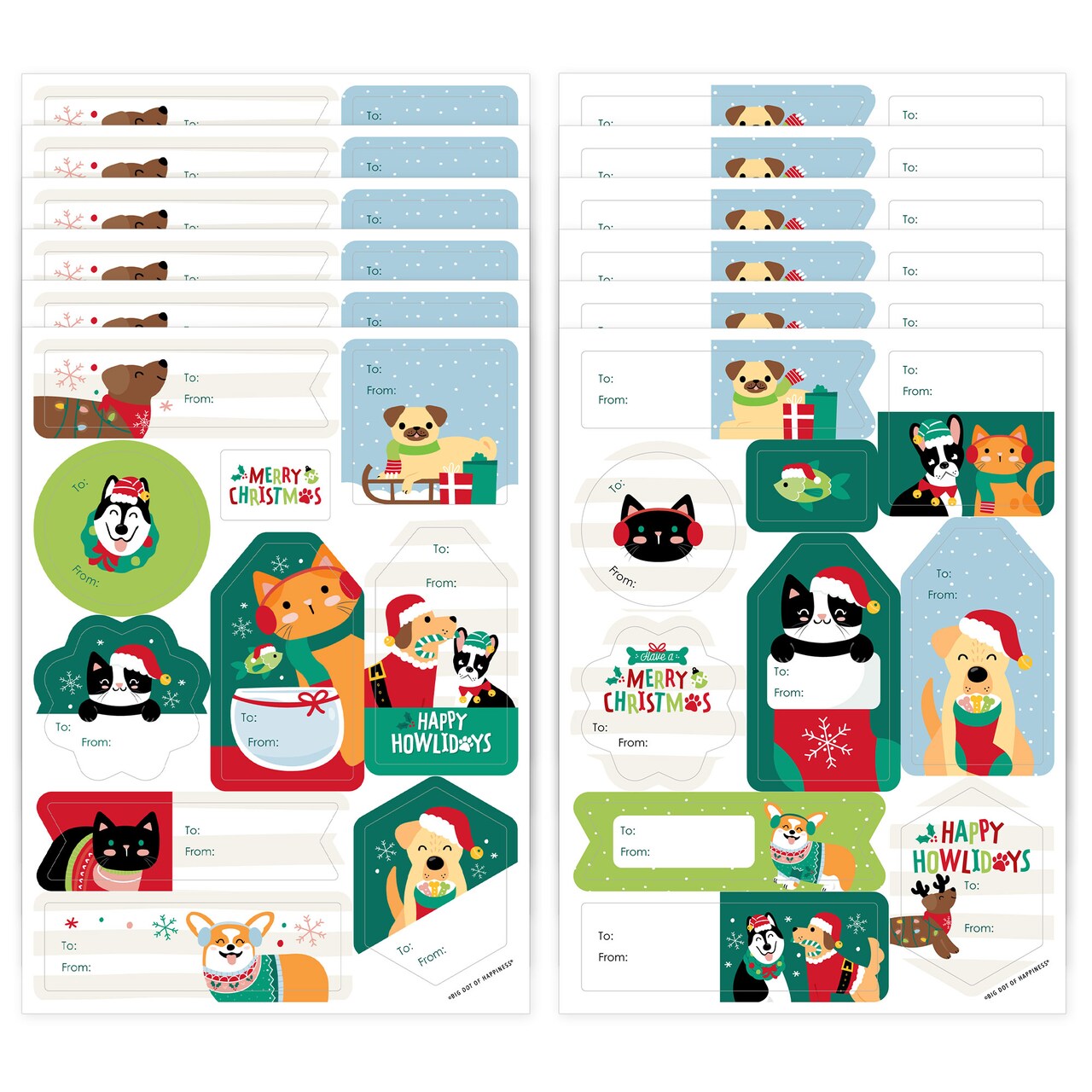 Big Dot of Happiness Christmas Pets - Assorted Cats and Dogs Holiday Party Gift Tag Labels - To and From Stickers - 12 Sheets - 120 Stickers